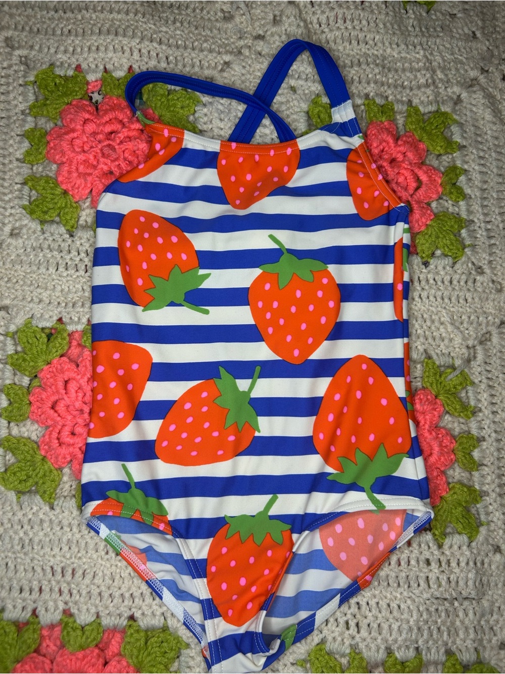 Mini Boden Blue and Orange Strawberry One-Piece Swimsuit